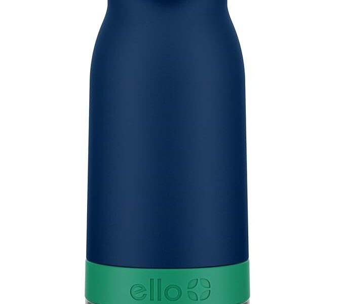 Ello Emma Garrafa de água infantil de aço inoxidável isolada a vácuo de 400 ml com canudo e alça de transporte integrada e tampa de bloqueio à prova de vazamento para mochila escolar, lancheira e
