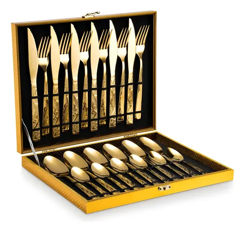 Eps-158 Kit Faqueiro Dourado Luxo Jogo Talheres Inox 24pçs + Maleta