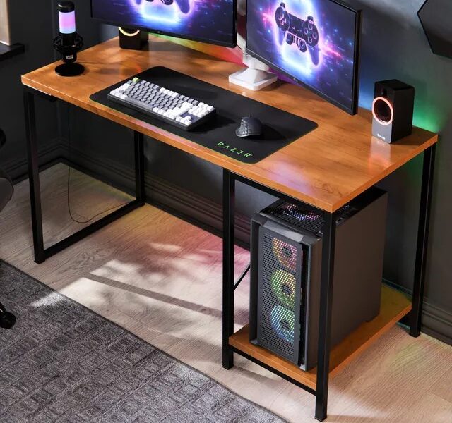 Escrivaninha Gamer Tokyo Mdf Mesa Para Computador Home Office E Estudos Com Suporte Para Cpu E Prateleira Lateral Estrutura Em Aço Estilo Industrial Design Moderno Amplo Cor Canela Preto