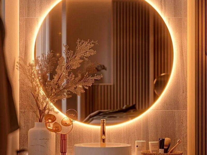 Espelho Redondo 40cm com Iluminação LED Fria para Parede – Ideal para Quarto, Banheiro e Sala, Moldura Lapidada de 40cm, Perfeito para Decoração