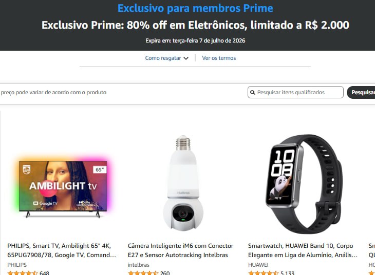 Exclusivo Prime: 80% off em Eletrônicos, limitado a R$ 2.000