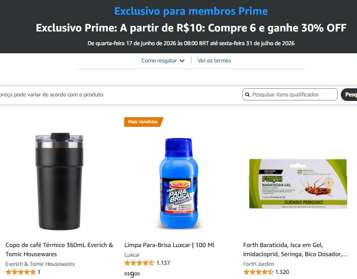 Exclusivo Prime: A partir de R$10: Compre 6 e ganhe 30% OFF