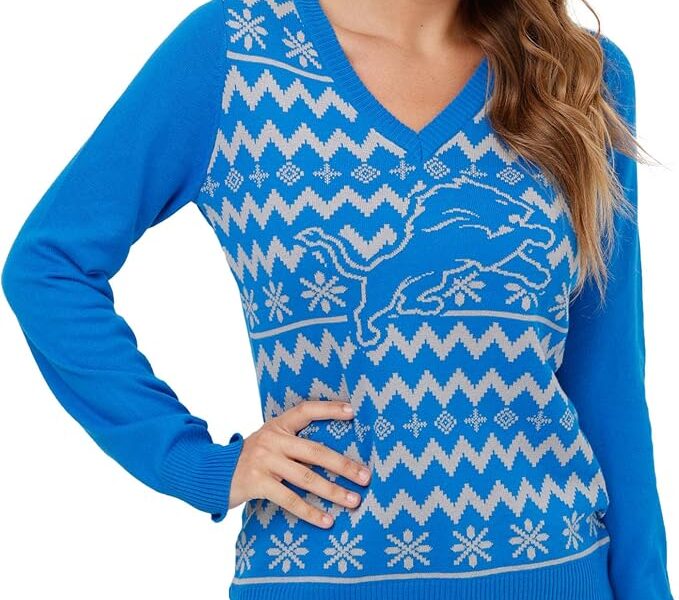 FOCO Suéter feminino com gola V e logotipo da equipe NFL Ugly Holiday