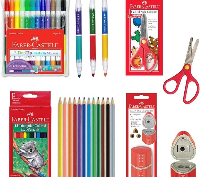 Faber-Castell Back to School Supplies Set – 12 DuoTip Markers, 12 Colored Ecopencils, Child Safe Scissors & Grip Trio Sharpener (Sharpener Color May Vary – Red/Blue)