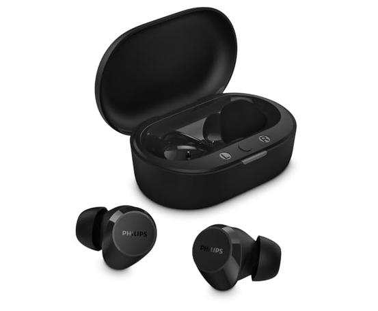 Fone de ouvido sem fio TWS Philips TAT1209BK/00 na cor preto, com bluetooth, microfone, tecnologia IPX4 e 18 horas de reprodução.