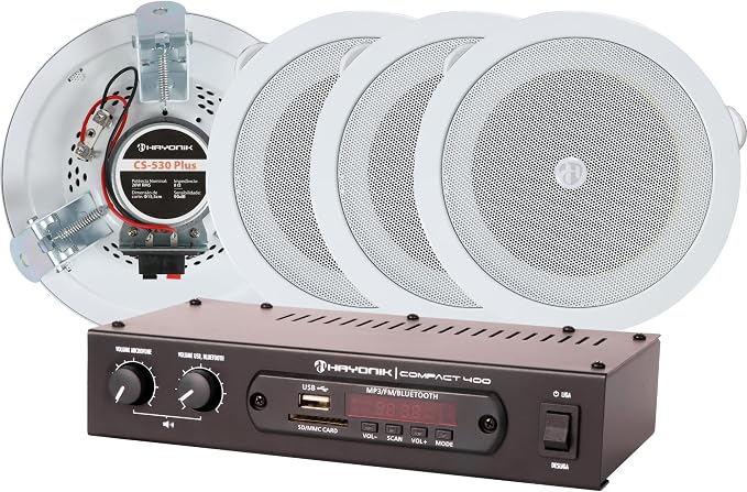 HAYONIK, Kit de Som Ambiente com 1 Amplificador Compact 400 e 4 Arandelas CS-530 PLUS, 400W, Arandela de 5″, 3 Pontos de Fixação, Proteção UV