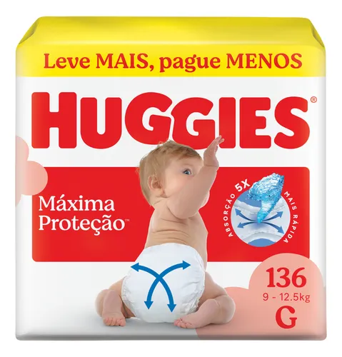 Huggies Fralda Descartável Máxima Proteção G – 136 Un na Meli por R$ 108,59