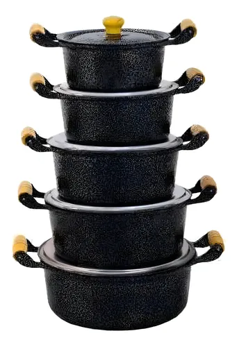 Jogo 5 Panela Alumínio Batido Craqueada Caçarola Kit Fundido