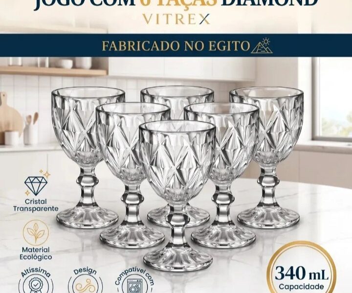 Jogo 6 Taças de Cristal 340ml Diamond Transparente Lapidado Vitrex