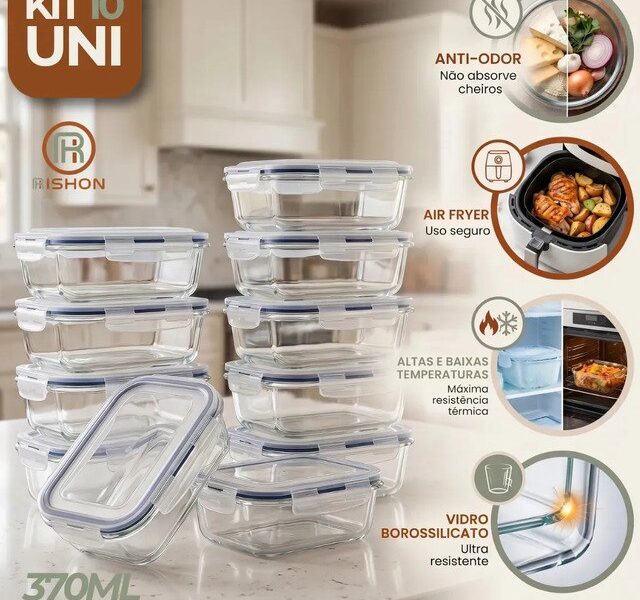 Kit 10 Pote De Vidro Marmita Hermético 370ml Freezer Fitness Rishon