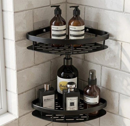 Kit 2 Suporte De Canto Porta Shampoo Sabonete Banheiro Adesivo Parede Sem Furos Box Luxo Cor Preto Brielli Home