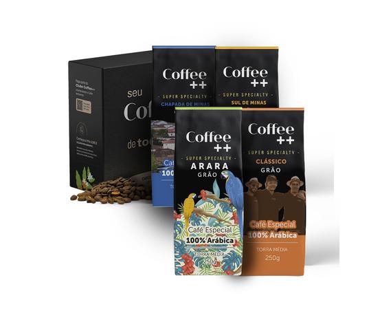 Kit 4 Cafés Especiais em Grãos Coffee++: Arara, Chapada de Minas, Cerrado Mineiro e Clássico – 250g cada
