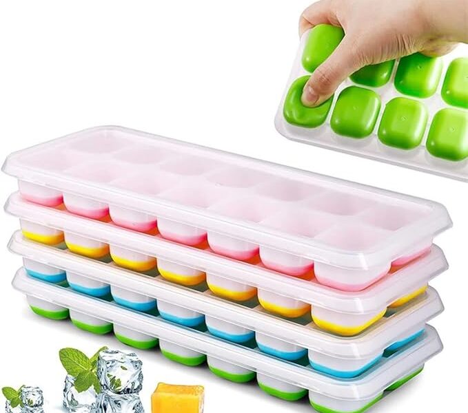 Kit 4 Unidades Forma Com Tampa Gelo Ice Flexivel Forminha Fundo Silicone 14 Cubos Alimentos Frutas Papinha