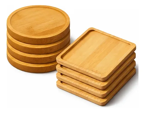 Kit Apoio De Copo 4 Porta Copos Bambu Quadrado Redondo
