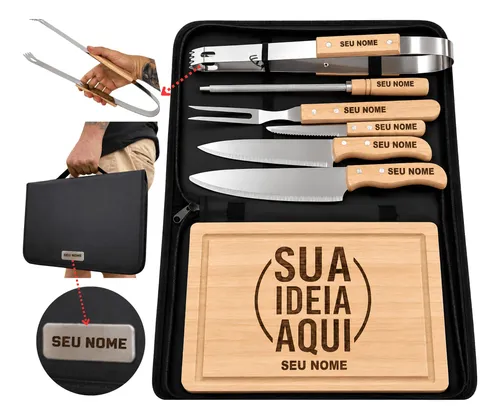 Kit Churrasco Personalizado Tábua Faca Garfo Nome Time Logo