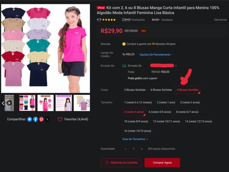 Kit com 2, 6 ou 8 Blusas Manga Curta Infantil para Menina 100% Algodão Moda Infantil Feminina Lisa Básica