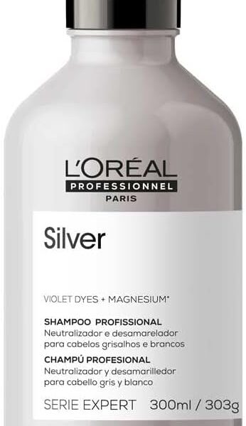 L’Oreal Professionnel Shampoo Silver, Neutraliza Tons Amarelos Indesejados, Com Pigmentos Roxo, Para Cabelos Brancos e Grisalhos, Promove Brilho & Maciez, 300ml