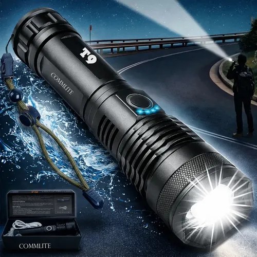 Lanterna Tática Militar T9 Mais Forte Do Mundo Profissional Lanterna Potente Led Mais Forte Do Mundo Acampamento Viajens Caça Camping – Commlite Branco Preto