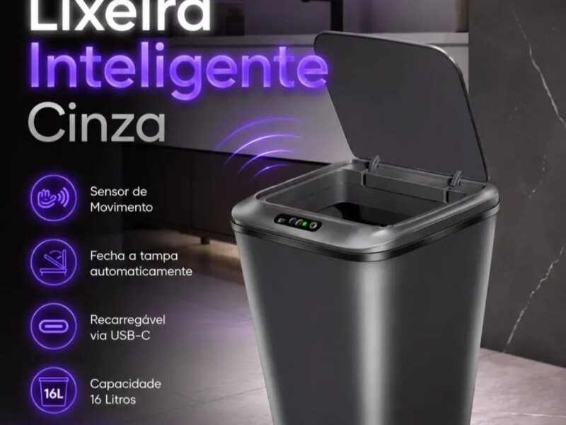 Lixeira Inteligente Sensor Automático 16l Cinza Smart Recarregável Para Banheiro E Cozinha