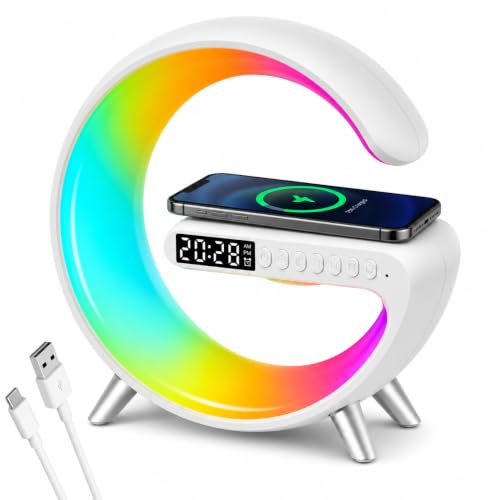 Luminária LED RGB Multifuncional em Formato G, Despertador Digital com Carregamento Sem Fio 15W, Caixa de Som Bluetooth, Luz Noturna, Relógio Inteligente para Quarto, Sala e Escritório-Branco
