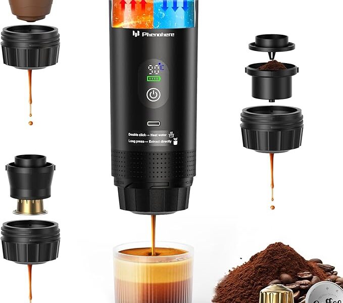 Máquina de café expresso elétrica portátil 6 em 1 – cafeteira de acampamento com aquecimento automático de 20 bar com bateria de 7500 mA, monitor, compatível com cápsulas grandes/pequenas e pó de café