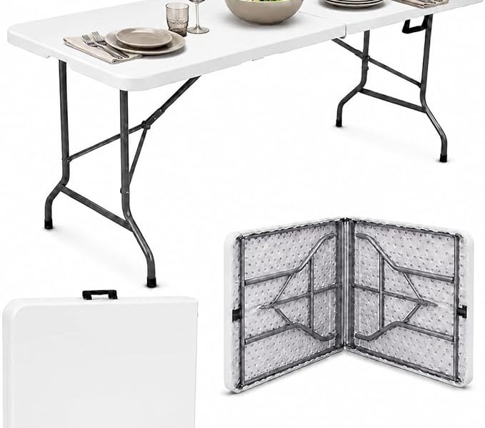 Mesa Dobrável 1,80m Portátil Branca Tipo Maleta com Alça – Resistente e Leve, Ideal para Camping, Praia, Jardim, Festas e Área Gourmet Interna ou Externa