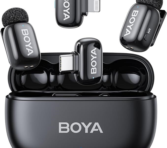 Microfone Sem Fio Boya Mini-12 Lapela Android/iOS, Preto, Conector USB-C e Lightning, Perfeito para Gravações e Transmissões ao Vivo, Áudio Profissional, Design Compacto