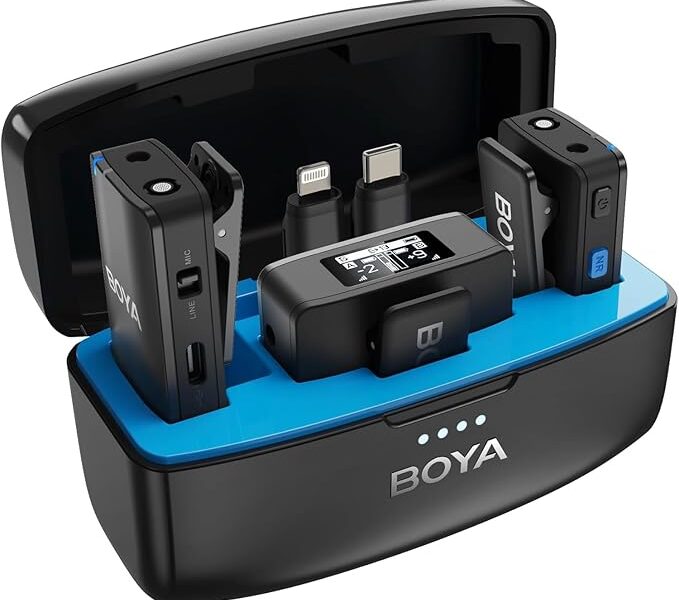 Microfone de lapela MIC sem fio BOYA para câmera de smartphone Android iPhone, gravação integrada, alcance de até 300M bateria Longa Duração, microfone de lapela com clipe sem fio