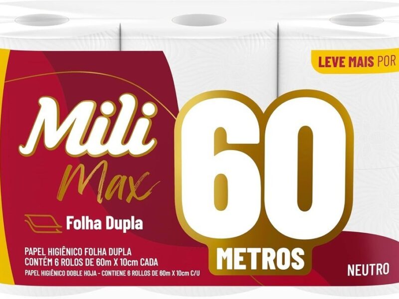 Mili Papel Higiênico Folha Dupla Max Neutro, Picotado e Texturizado, 6 Rolos de 60 metros