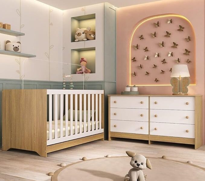 Multimóveis Berço Americano 3 em 1 MP4677 para Colchão 130x70cm com Cômoda Caramelo Madeirado/Branco