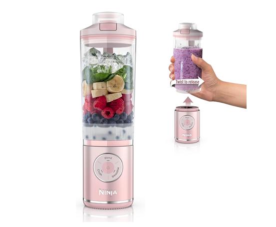 Ninja Blast Max, liquidificador portátil + Twist & Go, Smoothie pessoal, blend, Ice Crush, 3 programas, sem fio, recipiente removível de 623 g, lavável na lava-louças, à prova de vazamento, rosa