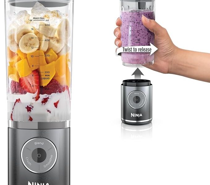 Ninja Blast Max, liquidificador portátil e pessoal + Twist & Go, Smoothie, Blend, Ice Crush, 3 programas, sem fio, recipiente removível de 650 ml, lavável na lava-louças, à prova de vazamento, cinza