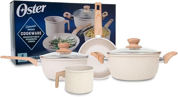 OSTER JOGO DE PANELAS E LEITEIRA MARBLE EDITION CREAM – 4 PEÇAS COM REVESTIMENTO CERÂMICO ANTIADERENTE, ALÇAS EM SILICONE ANTITÉRMICO E BASE COMPATÍVEL COM INDUÇÃO