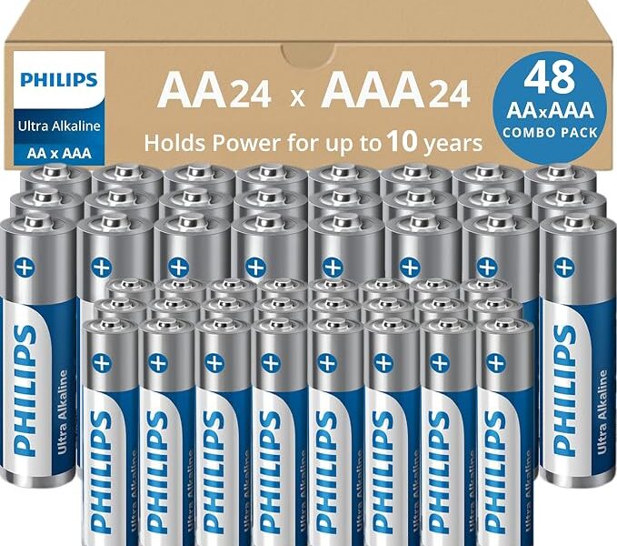 PHILIPS – Pacote combo de pilhas AA e AAA de 48 unidades, pacote variado de pilhas ultra alcalinas, pacote com 24 unidades cada, vida útil de 10 anos, potência definitiva de longa duração, embalagem