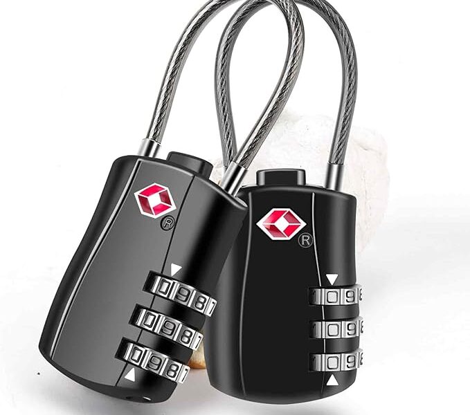 Pacote com 2 cadeados de bagagem aprovados pela TSA, cadeado de cabo de viagem combinado, cadeado impermeável de 3 dígitos, bloqueio reinicializável sem chave aceito pela TSA para armários, bolsas