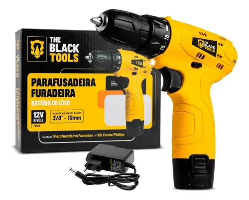 Parafusadeira Furadeira The Black Tools TB12A 3/8 a Bateria Cor Amarelo Frequência 60Hz na Meli por R$ 62,00