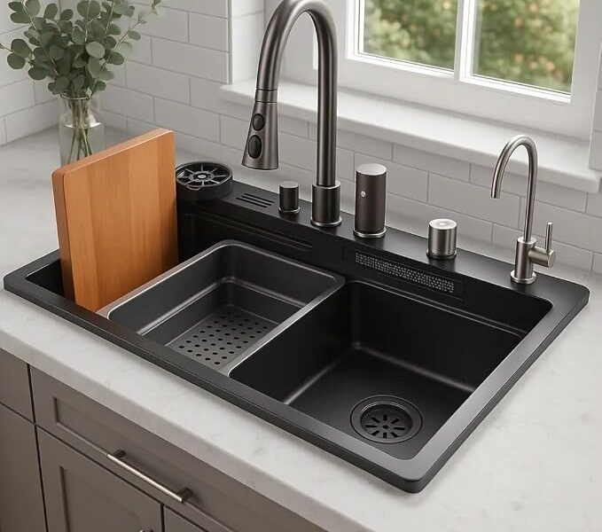 Pia Cuba Gourmet Cozinha Aço Inox Preta Com Acessórios 80x46cm Preto
