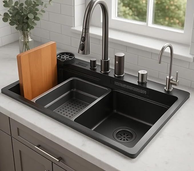 Pia Cuba Gourmet Cozinha Aço Inox Preta Com Acessórios 80x46cm Preto