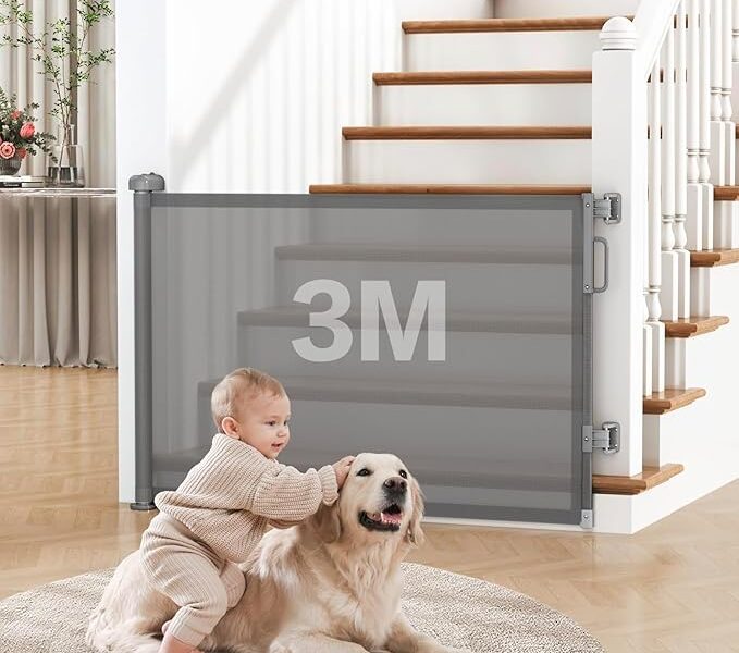 Portão de Segurança Retrátil para Bebês e Pets, 86 cm x 3 m, Tela PVC, cinza