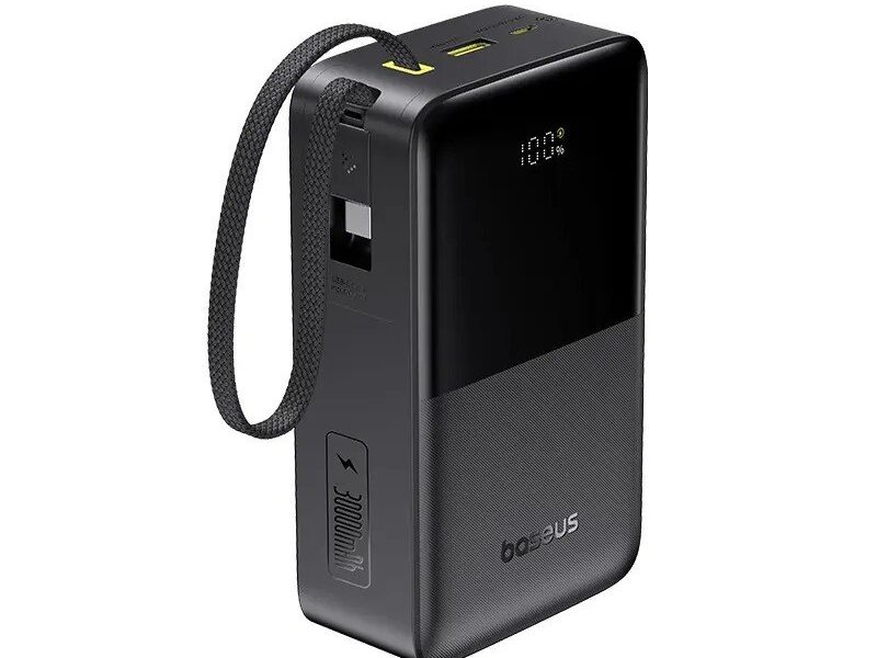 Power Bank Baseus FC51 30000mAh 22,5W Carregamento Rápido Cabo USB-C Integrado Display Digital Carrega 3 Dispositivos Proteção Inteligente Preto