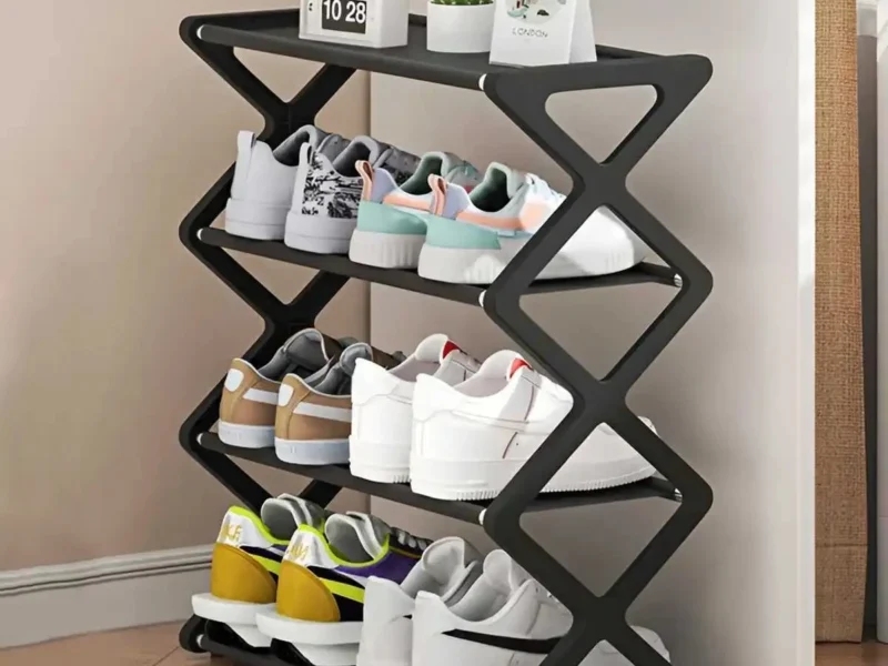 Prateleira de Armazenamento de Sapatos em X de 4 Camadas, Multifuncional e à Prova de Poeira para Quartos de Dormitório, Entradas, Corredores e Quartos