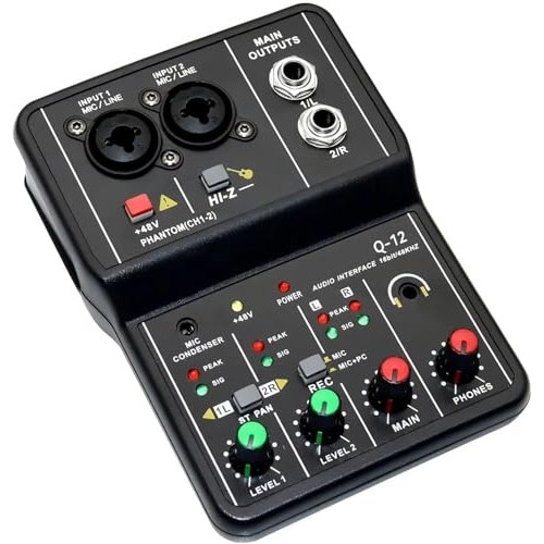 Q-12 Interface de audio,placa de som profissional de canal USB 2.0 DC 5V de alta velocidade, função de monitor para estúdio/gravação musical/jogos/Equipamentos para Gravação Musical