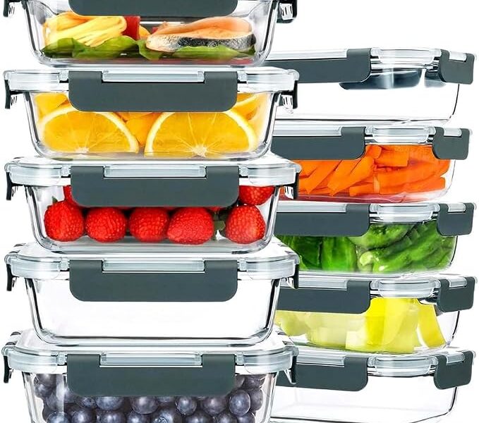 Recipientes Vidro Hermético Preparo Refeições, Recipientes de Armazenamento Alimentos Tampas Herméticas, Recipientes de Vidro para Marmitas, Compatíveis com Micro-ondas, Forno, Freezer e Lava-louças