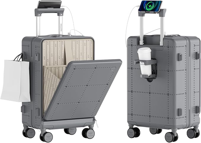 SANTINO Mala de Bordo 10kg Padrão ANAC Rígida em PC Policarbonato para Viagem com Compartimento Frontal para Notebook, Entrada USB, Porta Copos, Cadeado TSA e Rodas 360° – Mala de Mão