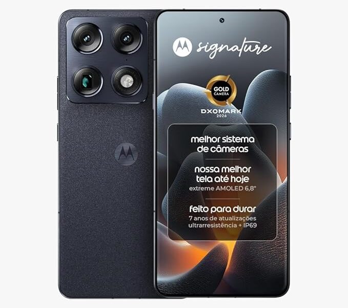 Smartphone Motorola Signature 5G – 512GB 24GB (12GB RAM + 12GB RAM Boost), 3 cameras 50MP Sony Lytia e Zoom 100x, Tela 1.5K extreme Amoled 165hz – Preto