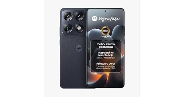 Smartphone Motorola Signature 5G – 512GB 24GB (12GB RAM + 12GB RAM Boost), 3 cameras 50MP Sony Lytia e Zoom 100x, Tela 1.5K extreme Amoled 165hz – Preto