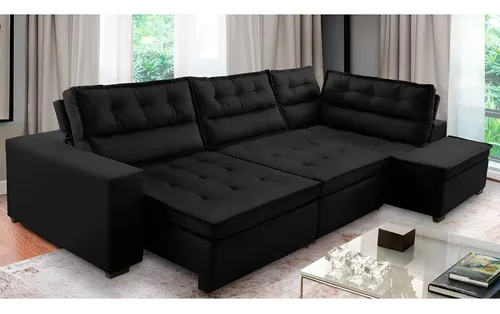 Sofá Canto Retrátil Reclinável Molas 3,00×2,00 Virginia Cor Preto Adonai Estofados