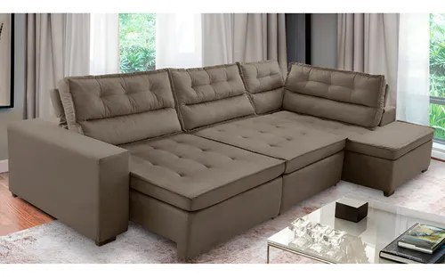 Sofá Canto Retrátil e Reclinável com Molas 3,00×2,00 Virginia Suede Cappuccino Adonai Estofados