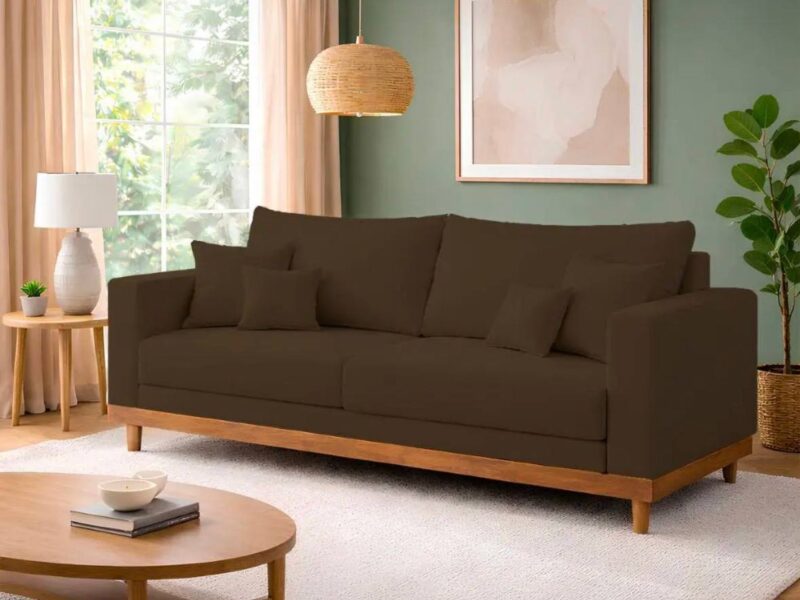 Sofá Living 3 Lugares Suede Resistente Madeira + Almofadas