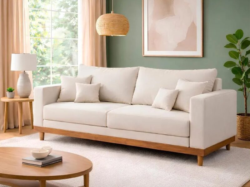 Sofá Living 3 Lugares Suede Resistente Madeira + Almofadas